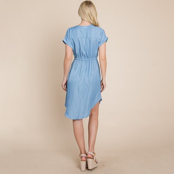 Button Down Chambray Drawstring Waist Shirt Dress. - Picture 4 of 4